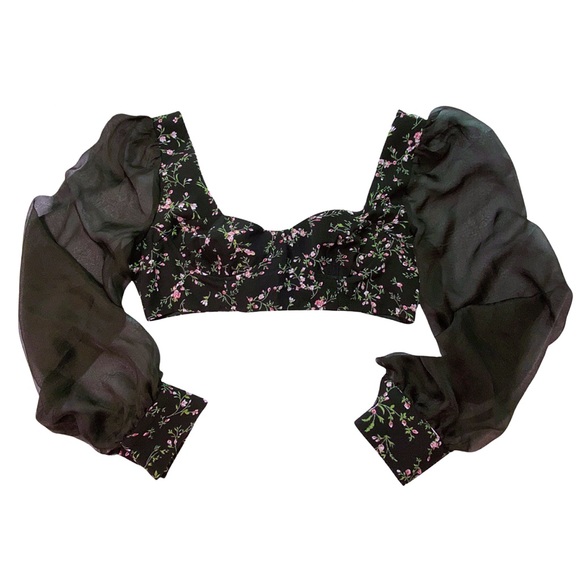 PINK BLACK FLORAL MILKMAID CROP TOP WITH LONG SLEEVES - SIZE 12 - Picture 4 of 6